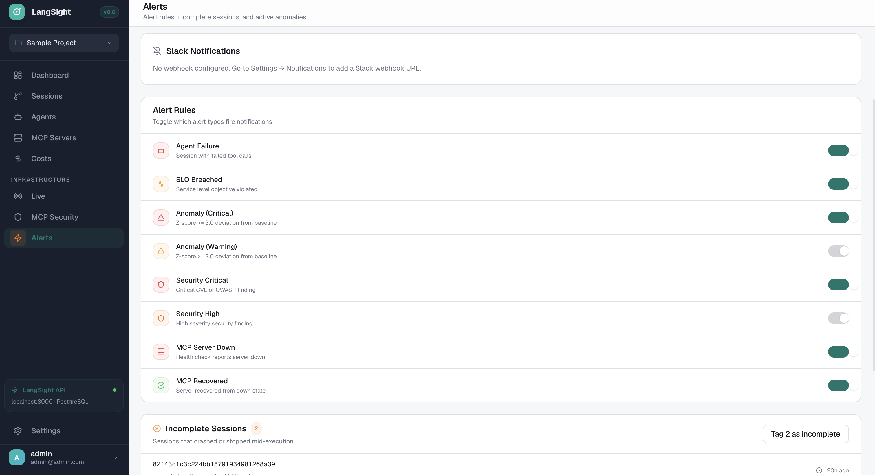 LangSight alerts page showing 8 alert rule types with toggles and Slack notifications